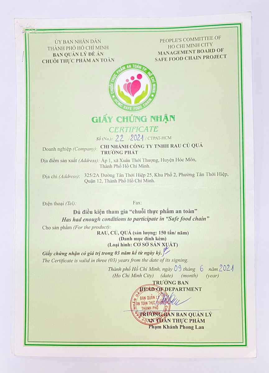 Giấy chứng nhận chuỗi thực phẩm an toàn cơ sở sản xuất